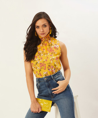ANVI Be Yourself Casual Sleeveless Floral Print Women Yellow Top