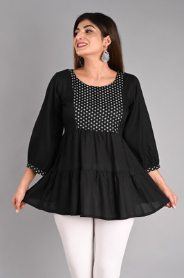 Sheffali Creation Casual Geometric Print Women Black Top
