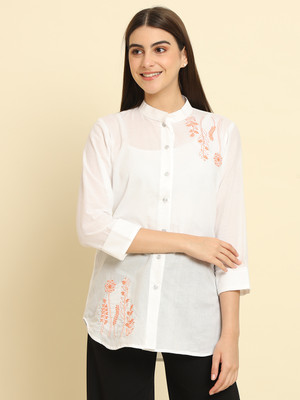Rudraaksha Casual Embroidered Women White Top