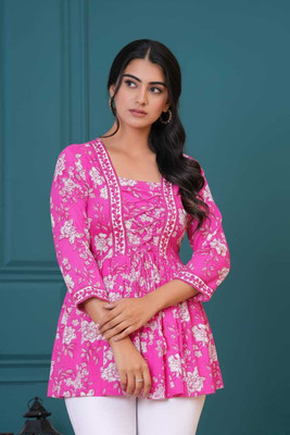 PS FASHION Casual Floral Print Women Pink Top