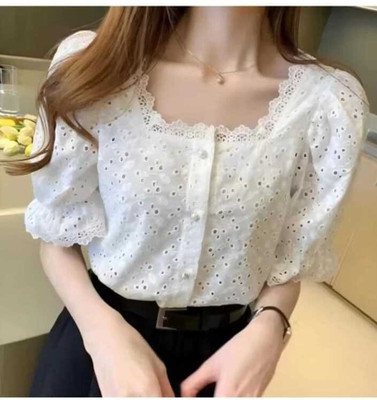 ronics Party Laser Cut, Embroidered Women White Top