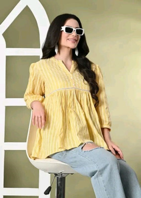 h hiphonic Casual Embroidered, Striped Women Yellow Top