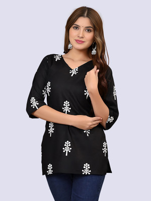 NAVYANKAA Women Printed Straight Kurta(Black)