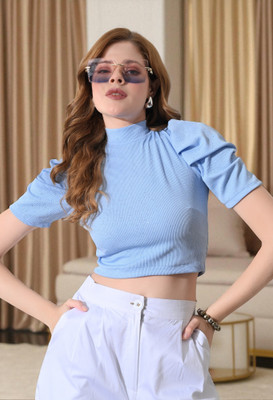 IUGA Casual Solid Women Blue Top