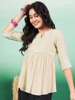 Sangria Casual Embroidered Women Yellow Top