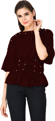 SKY FLY Casual Self Design Women Maroon Top