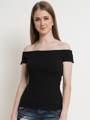 POPWINGS Casual Solid Women Black Top