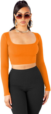 THE BLAZZE Casual Solid Women Orange Top