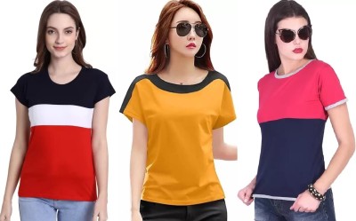 RYTE STYLE Solid Women Round Neck Multicolor, White, Pink T-Shirt