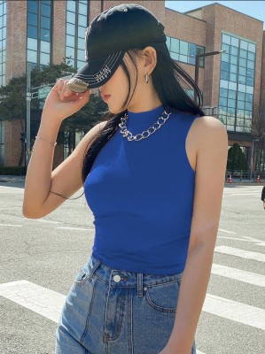 KOTTY Solid Women High Neck Blue T-Shirt