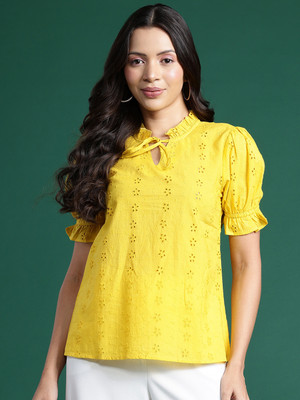 Dressberry Party Embroidered Women Yellow Top