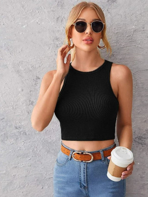 TUSIFASHION Casual Solid Women Black Top