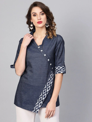 AKIKO Casual 3/4 Sleeve Printed Women Blue Top