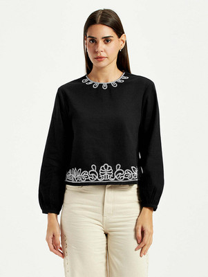 LEVI'S Casual Embroidered Women Black Top