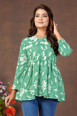 VSP CREATION Party Floral Print Women Green Top