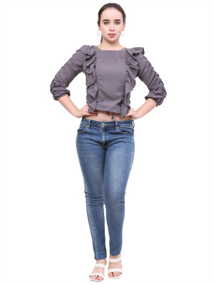 TJ CREATION Casual Printed Women Grey Top