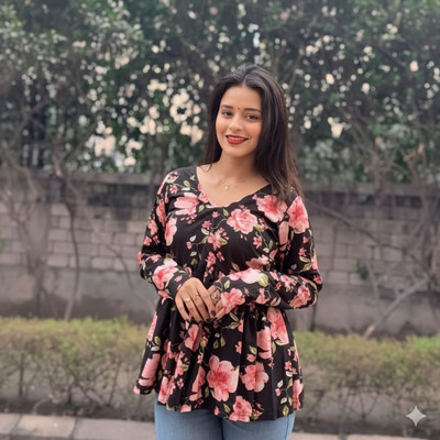 Desi Beats Casual Floral Print Women Black Top