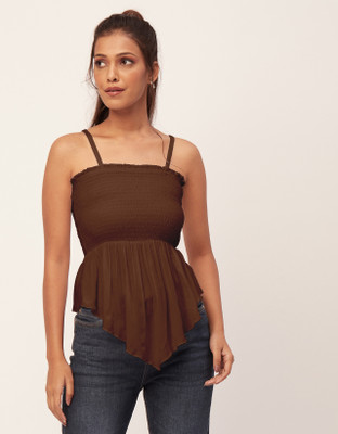 moomaya Casual Solid Women Brown Top