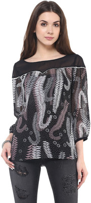 PANNKH Casual 3/4 Sleeve Printed Women Black Top