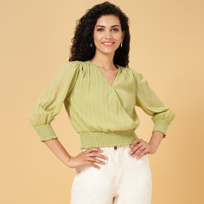 Honey By Pantaloons Casual Solid Women Light Green Top