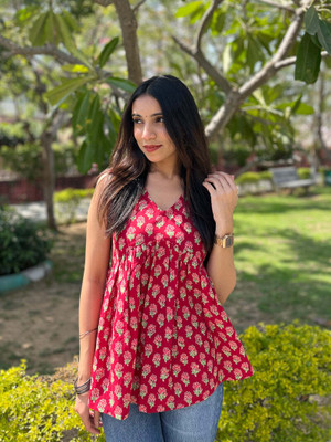 Choudhary Fashion Casual Printed, Floral Print Women Red Top