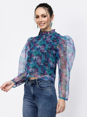 polka fashion Casual Printed Women Blue Top