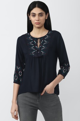 VAN HEUSEN Casual Embroidered Women Dark Blue Top