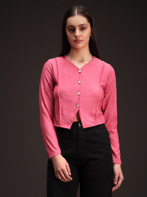 Emeros Casual Self Design, Solid Women Pink Top