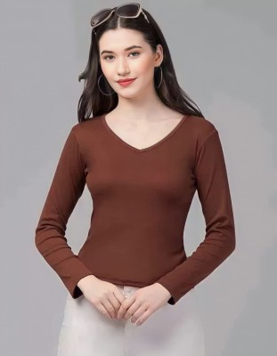 VABRU Casual Solid Women Brown Top