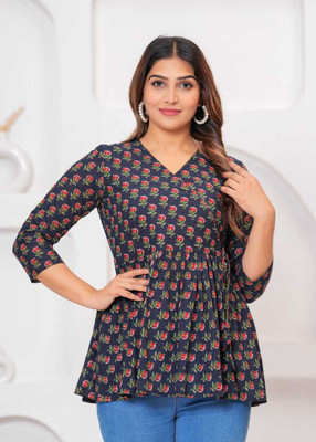 GUNAKSHI CREATION Casual Floral Print Women Dark Blue Top