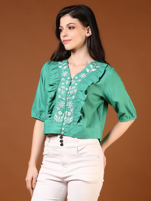 V-MART Casual Self Design Women Green Top