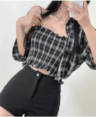 Emmy Word Casual Checkered Women Black, White Top