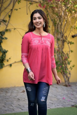 FIDOZA Casual Embroidered Women Pink Top