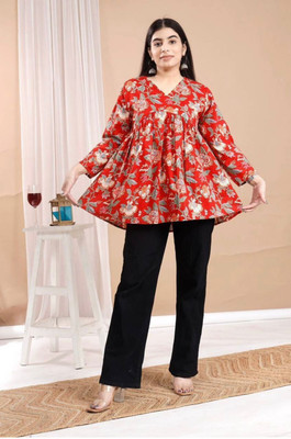 ANAVFASHION Casual Printed Women Red, Grey Top