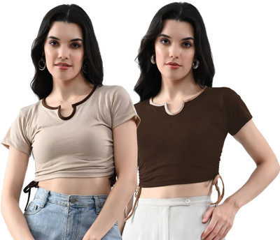 VIOUR Casual Solid Women Beige, Brown Top