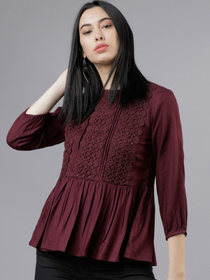 Piku Arts Casual Embroidered Women Maroon Top