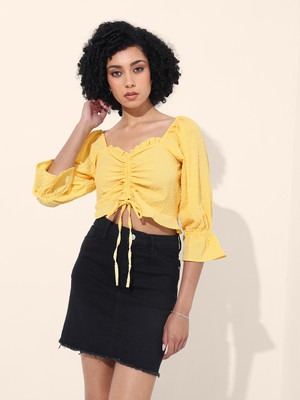 Freehand Casual Self Design Women Yellow Top