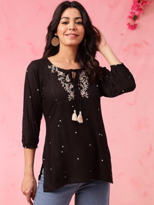 UCCHANTI Casual Self Design Women Black Top