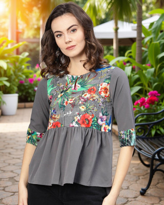 PANNKH Casual Half Sleeve Printed Women Grey Top