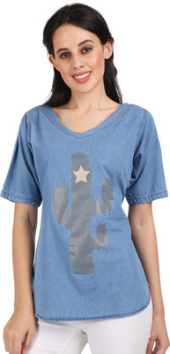 CEFALU Casual Floral Print Women Blue Top