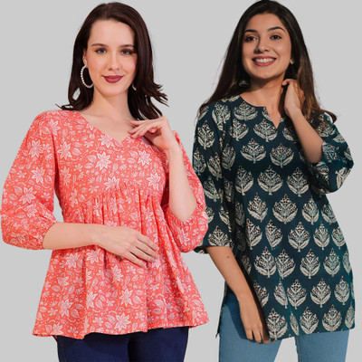 NAVYANKAA Casual Printed Women Pink, Blue Top
