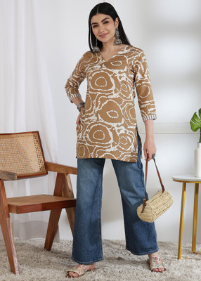 DSK STUDIO Women Printed Tunic Kurta(Brown, White)