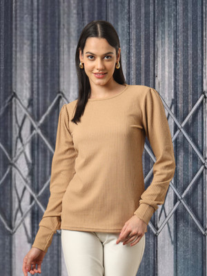 fithub Casual Solid Women Beige Top