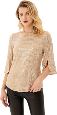 Pink Wings Casual Embellished Women Gold Top