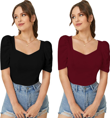 Maheshvi Casual Solid Women Maroon, Black Top
