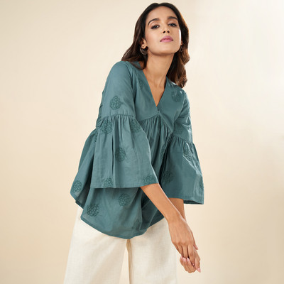 Akkriti by Pantaloons Casual Embroidered Women Green Top