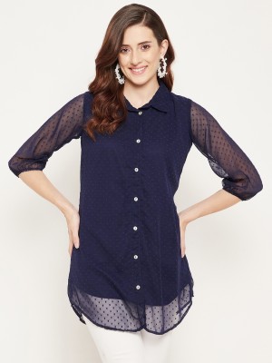 AINE Casual Self Design Women Dark Blue Top