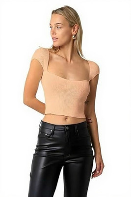 Siyara Party Solid Women Beige Top
