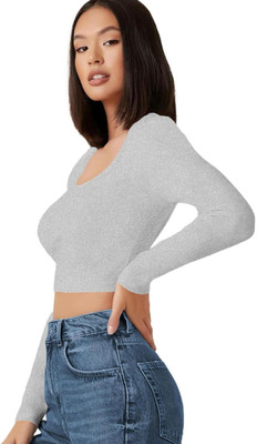 THE BLAZZE Casual Solid Women Grey Top