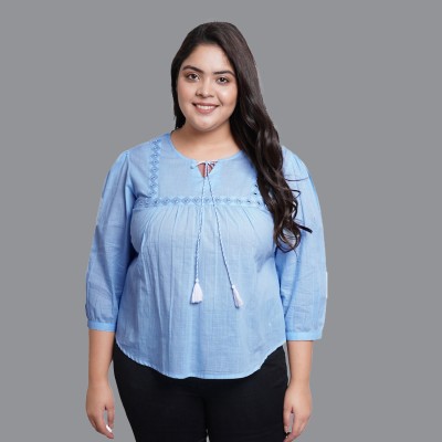 Yash Gallery Casual Embroidered Women Light Blue Top